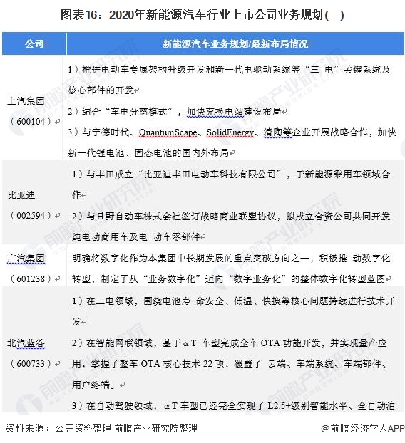 图表16：2020年新能源汽车行业上市公司业务规划(一)